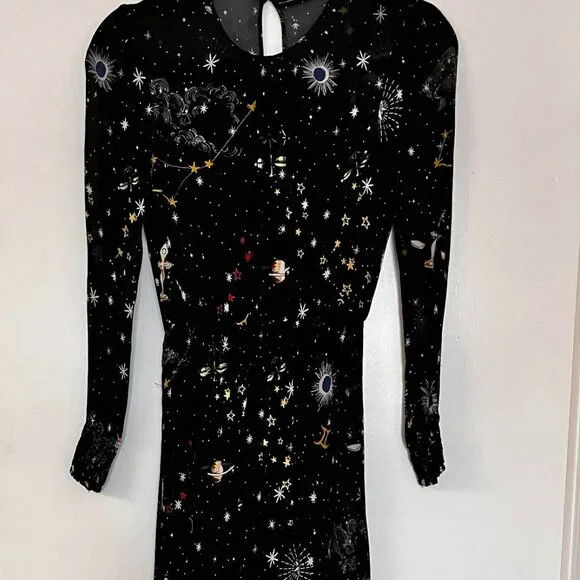 Zara Constalation zodiac galaxy astrology star print chiffon black midi dress - Picture 6 of 8